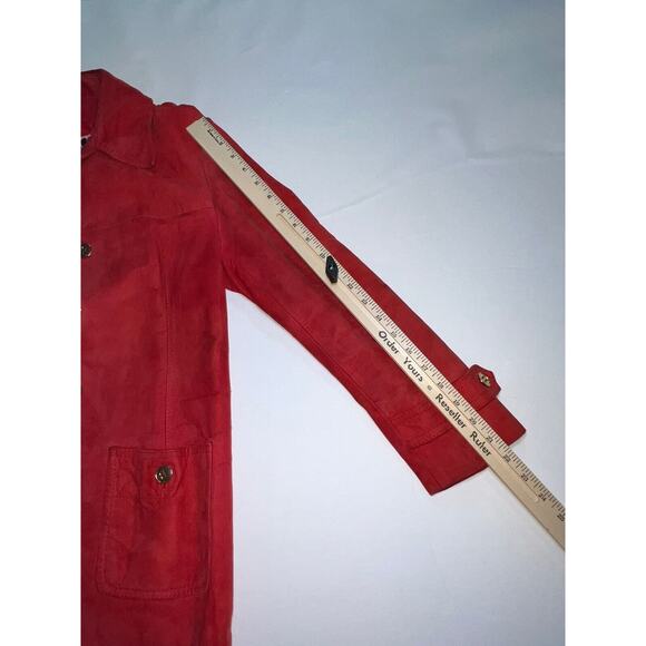 World Knits Suede Coat Women’s Size 12 Red Gold Buttons Leather Jacket Vintage - Picture 14 of 15